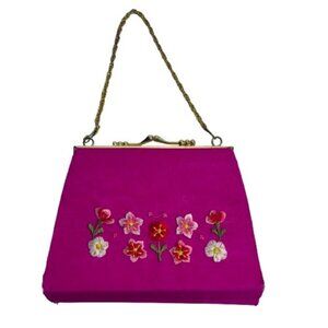 VTG Floral Embroidered Hot Pink Kiss-Lock Clutch Purse  Retro